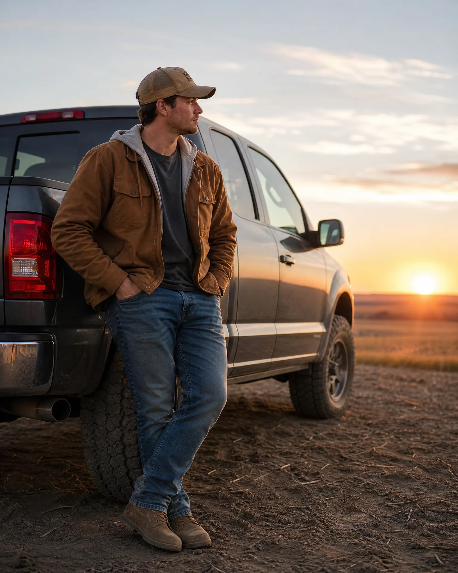 A man in a cap, tan jacket, jeans and boots leans against the rear tire of a dark pickup truck on bare ground at sunset.