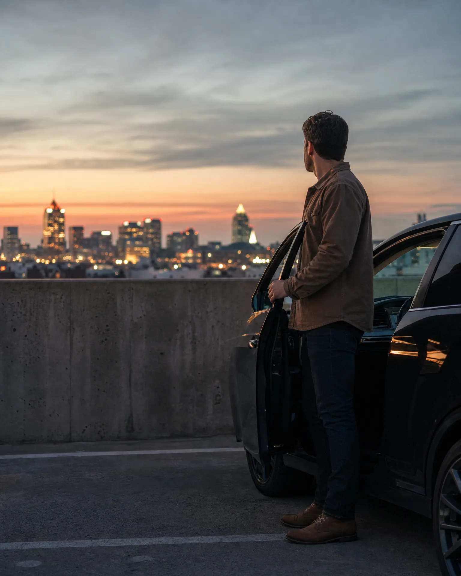 A man in a brown jacket and jeans stands holding the open door of a dark car on a rooftop parking deck, looking toward a city skyline at sunset.